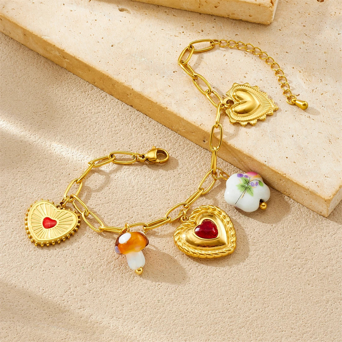 Red Zircon Heart Pearl Flower Pendant Gold Charm Bracelet And Necklace Set - Womens