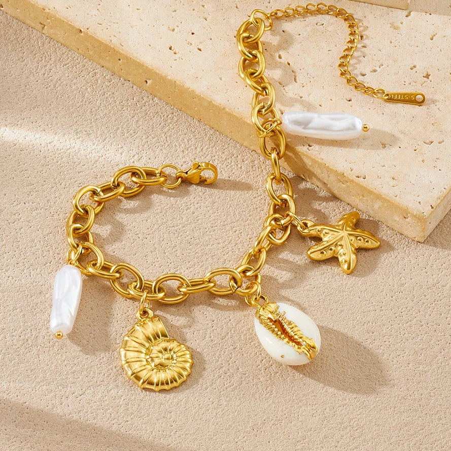 Boho Beach Cowrie Shell Pearl Gold Charm Bracelet - Womens