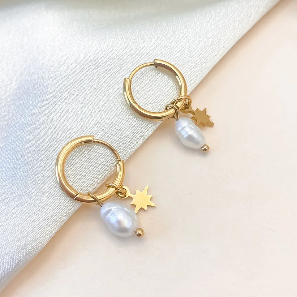 Dainty Star Baroque Pearl Dangle Gold Hoop Earrings - Stainless Steel - Womens