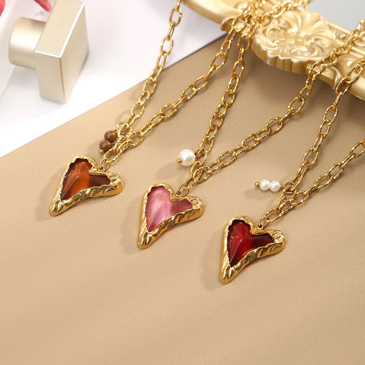 Y2K Pearl Heart Gold Pendant Necklace - Stainless Steel - Womens