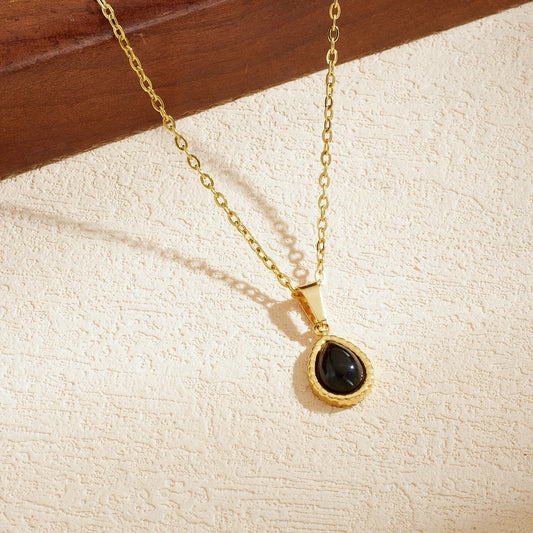 Vintage Black Onyx Gemstone Teardrop Gold Pendant Necklace - Stainless Steel - Womens