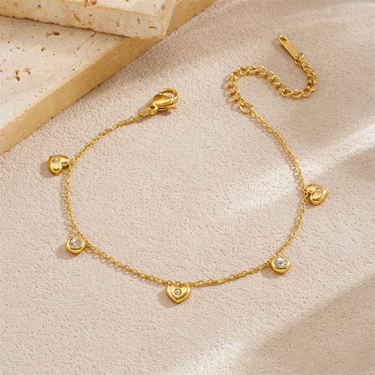 Zircon Gemstone Love Heart Pendant Gold Bracelet - Stainless Steel - Womens