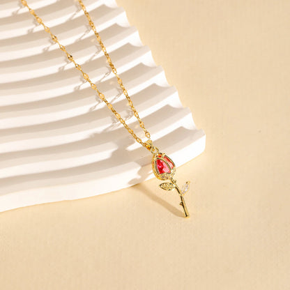 Elegant Zircon Flower Rose Gold Pendant Necklace - Pink & Red - Womens