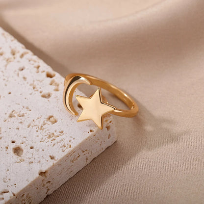 Dainty Star and Moon Gold Adjustable Ring - Womens