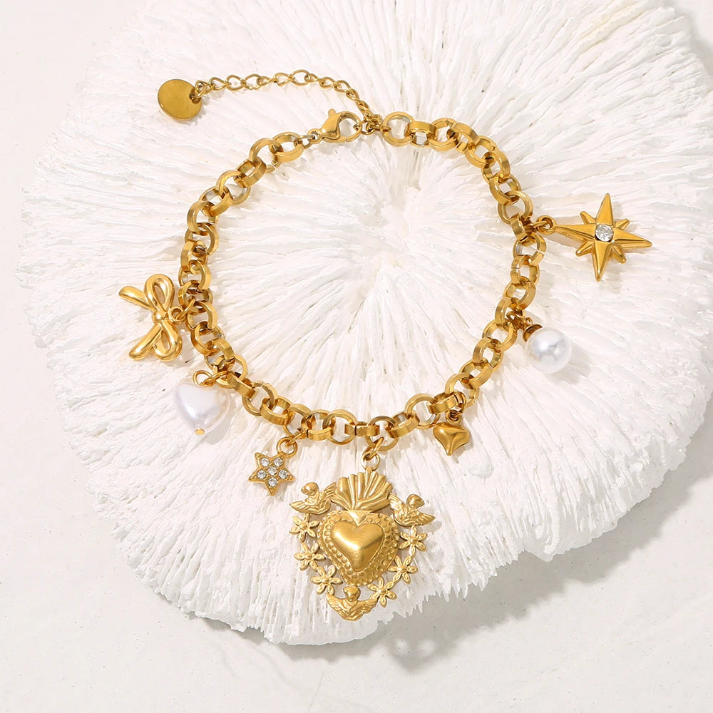 Vintage Bow Star Heart Pendant Pearl Gold Charm Bracelet - Stainless Steel - Womens