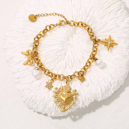 Vintage Bow Star Heart Pendant Pearl Gold Charm Bracelet - Stainless Steel - Womens