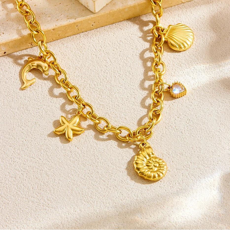 Boho Beach Conch Seashell Starfish Dolphin Gold Pendant Charm Necklace - Womens