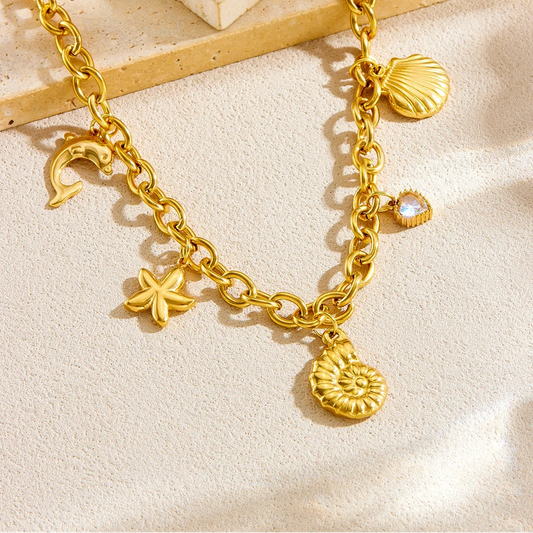 Boho Beach Conch Seashell Starfish Dolphin Gold Pendant Charm Necklace - Womens