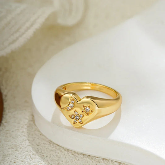 Cottagecore Zircon Star Moon Heart Gold Ring - Womens