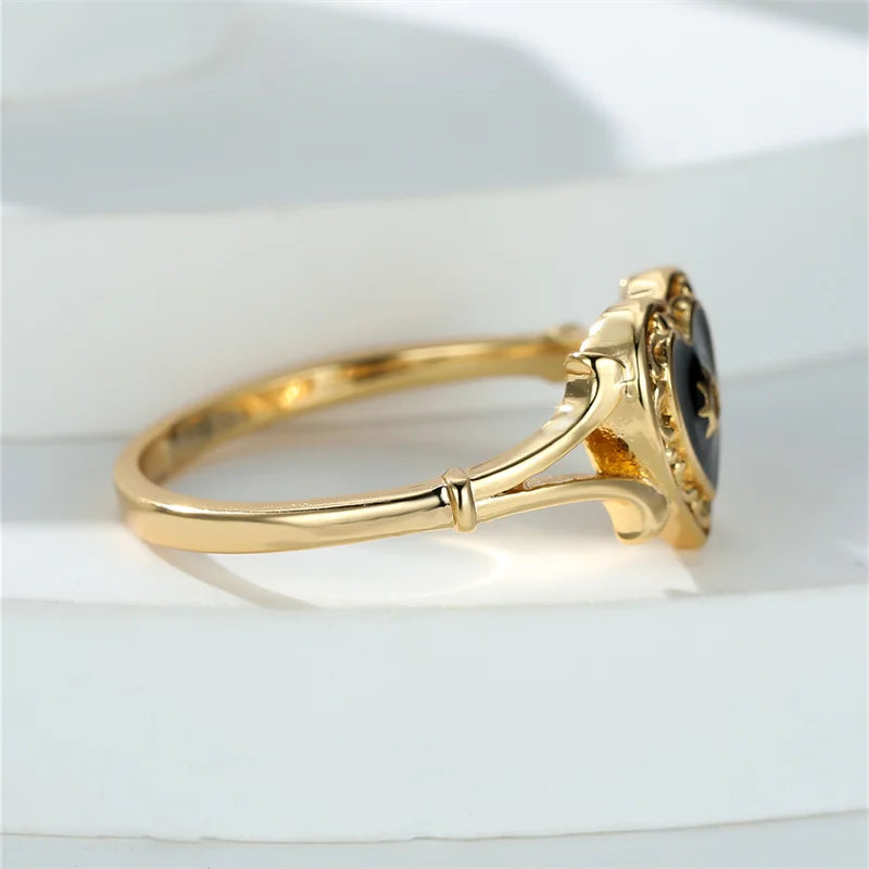 Vintage Black Enamel Heart and Sun Gold Valentine's Day Ring - Womens