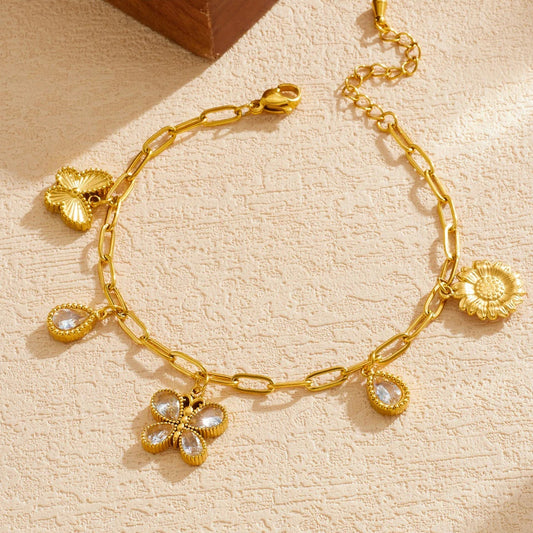 Y2K Zircon Butterfly Sunflower Gold Charm Bracelet - Womens