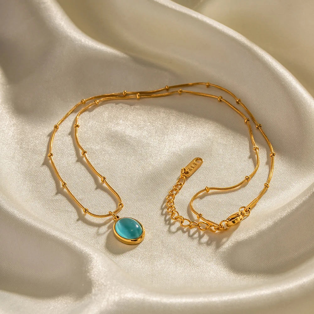 Boho Beach Blue Opal Gemstone Gold Pendant Necklace - Stainless Steel - Womens