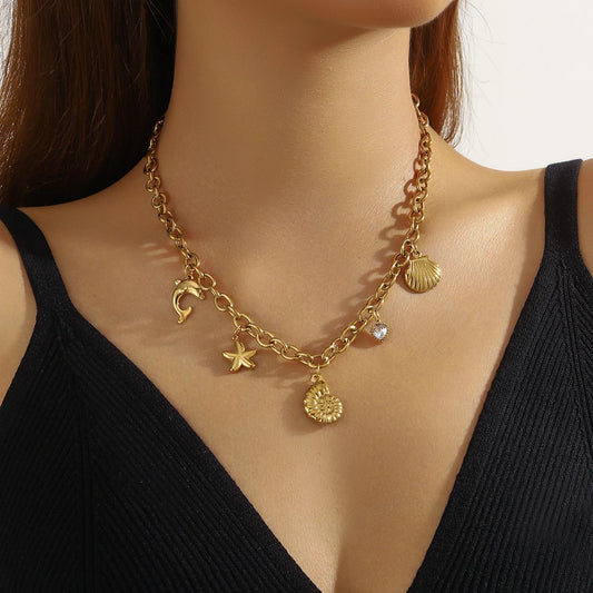 Boho Beach Conch Seashell Starfish Dolphin Gold Pendant Charm Necklace - Womens