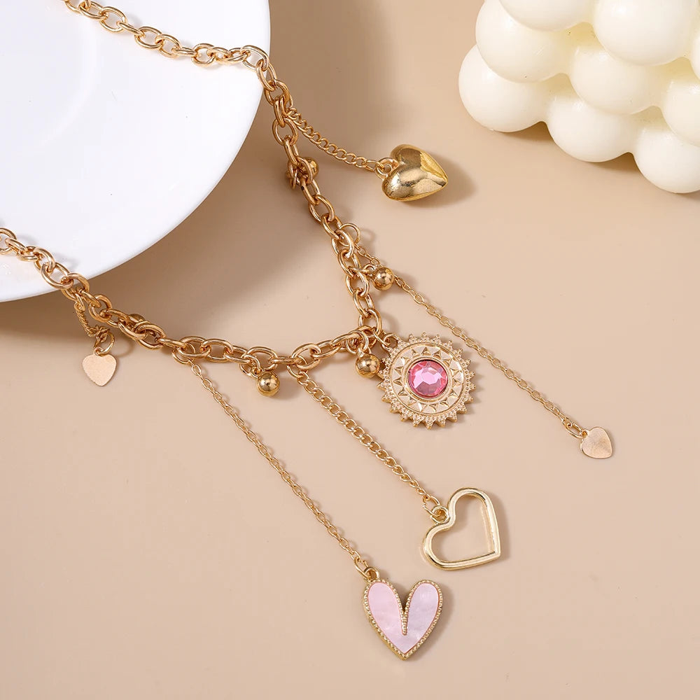 Y2K Love Heart Pink & Gold Pendant Charm Necklace - Womens