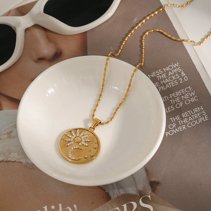 Vintage Sun Star and Moon Gold Pendant Necklace - Stainless Steel - Womens