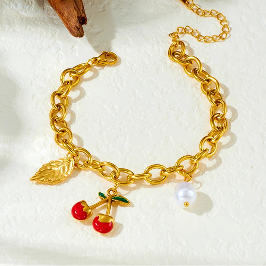 Coquette Cherry Pearl Gold Pendant Charm Bracelet - Womens