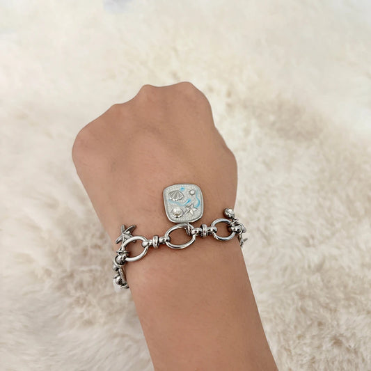Boho Beach Shell Star Silver Chain Charm Bracelet - Womens
