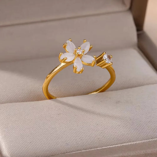 Dainty Zircon Flower Opal Gold Ring - Womens - Adjustable