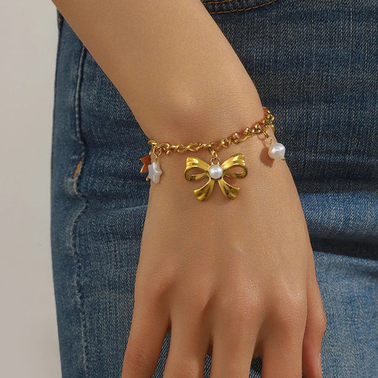 Coquette Bow Heart Pearl Gold Charm Bracelet - Womens