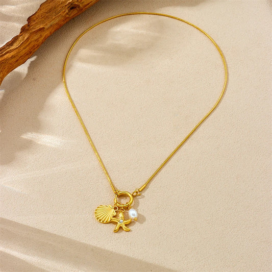 Zircon Beach Starfish Pearl Seashell Gold Pendant Necklace - Womens