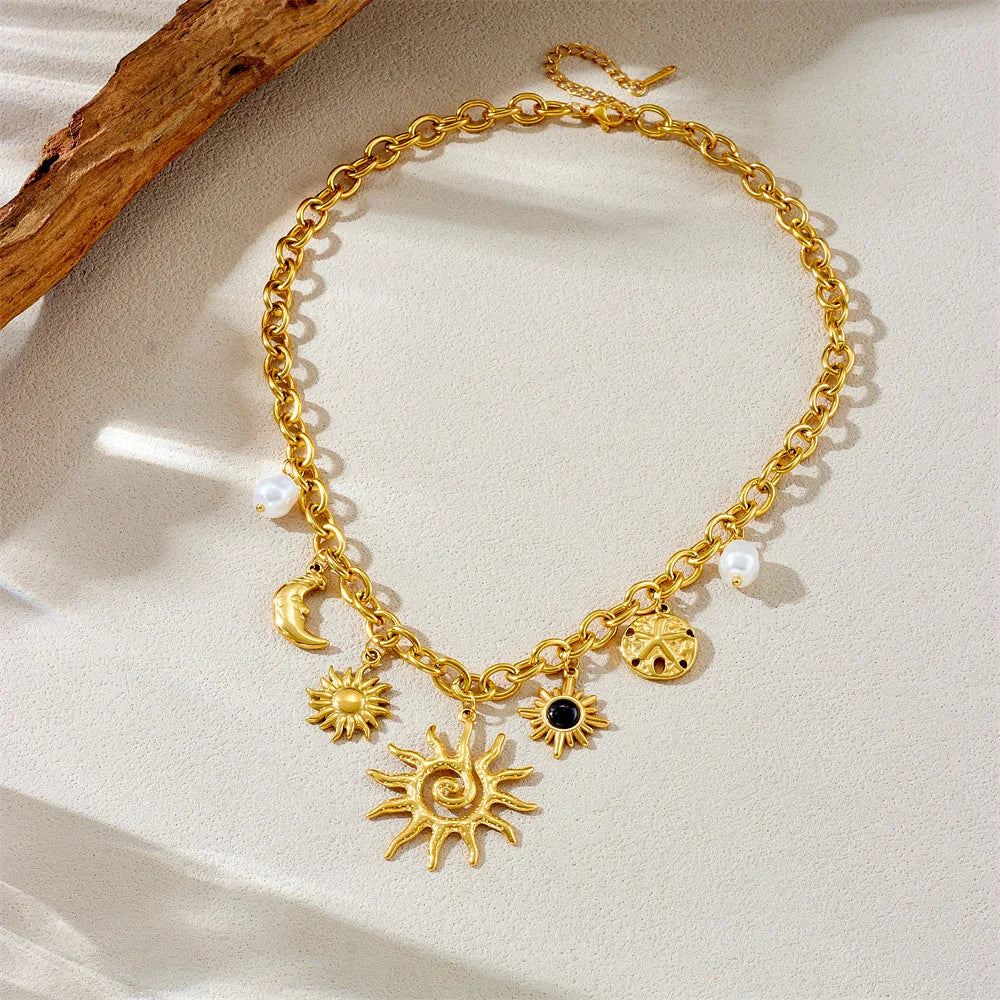 Starfish Sun and Moon Pearl Pendant Gold Charm Necklace - Womens