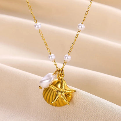 Boho Beach Pearl Shell Gold Charm Necklace - Womens