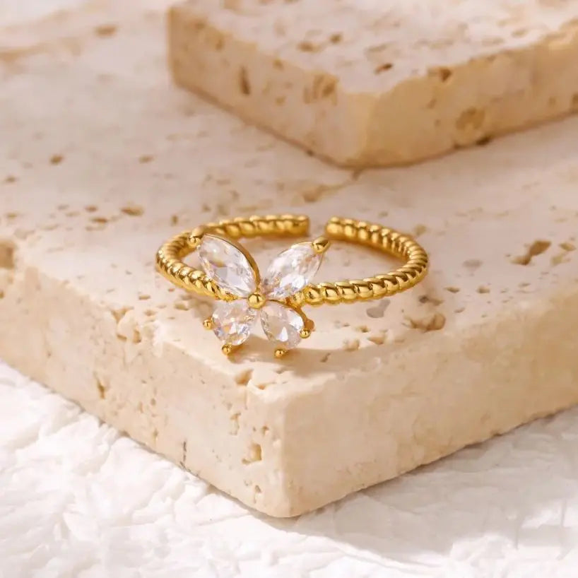 Zircon Butterfly Gold Adjustable Ring - Womens