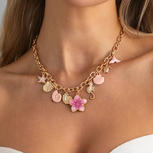Boho Beach Pink Conch Shell Flower Pendant Gold Charm Necklace - Adjustable - Womens