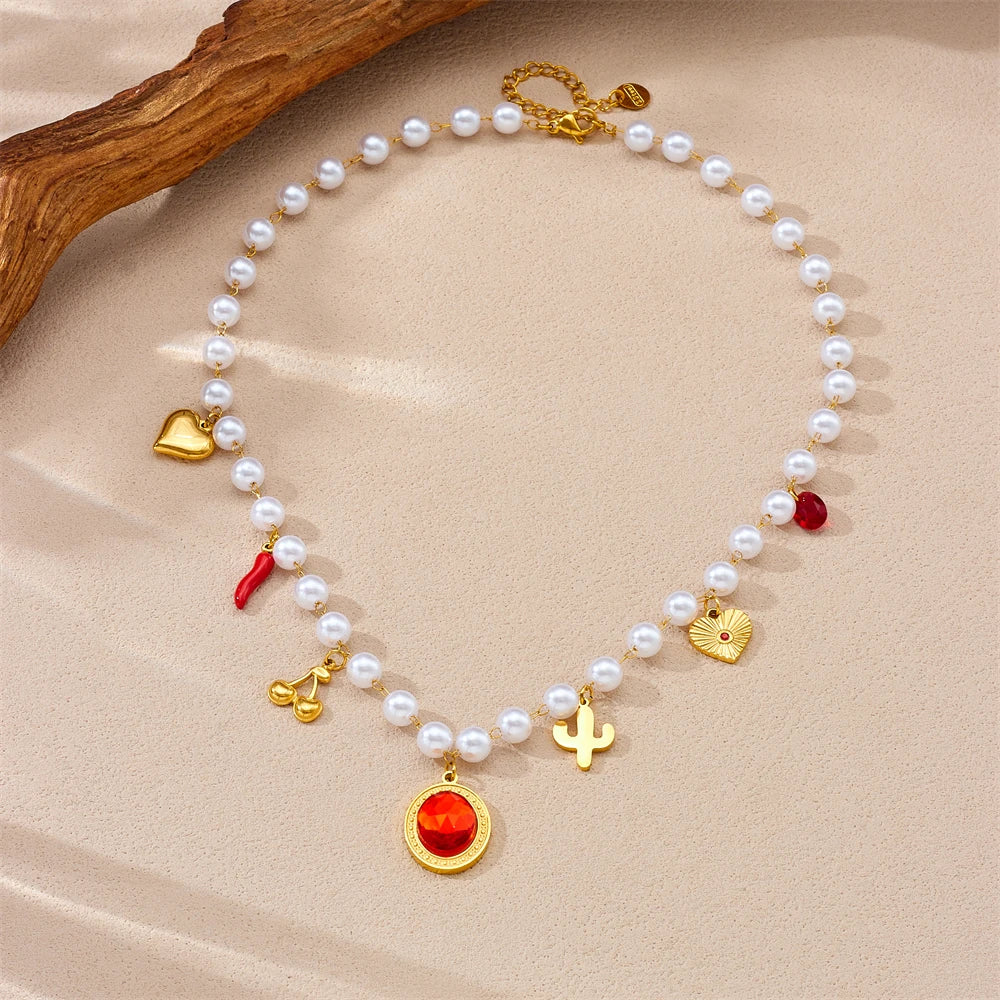 Ruby Cherry Heart Pendant Pearl Necklace - Stainless Steel - Womens