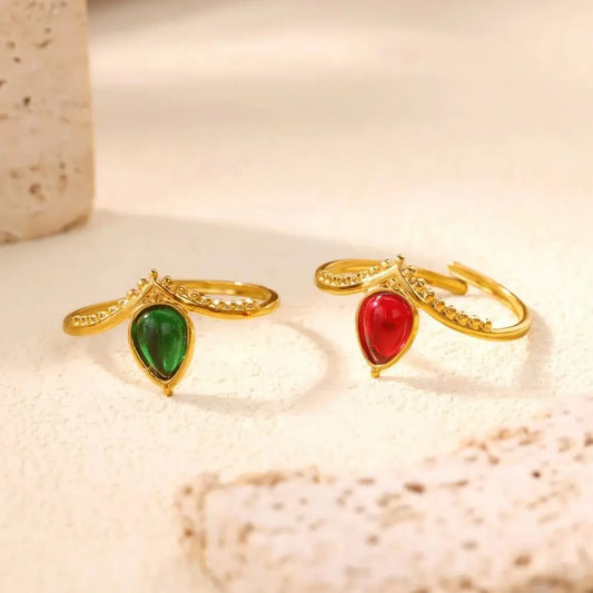 Princess Teardrop Stone Gold Crown Adjustable Ring - Red & Green - Womens