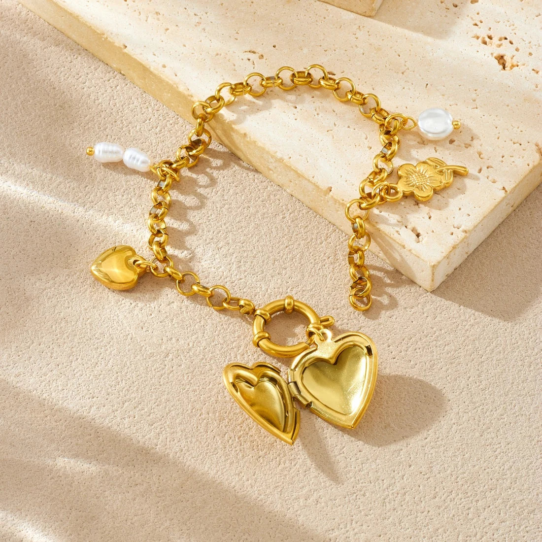 Coquette Heart Locket Flower Pearl Pendant Gold Charm Bracelet - Womens
