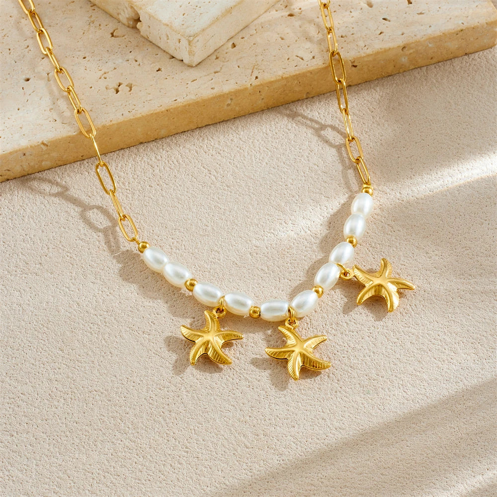 Boho Beach Pearl Starfish Pendant Gold Charm Necklace - Womens