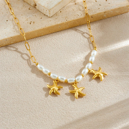 Boho Beach Pearl Starfish Pendant Gold Charm Necklace - Womens