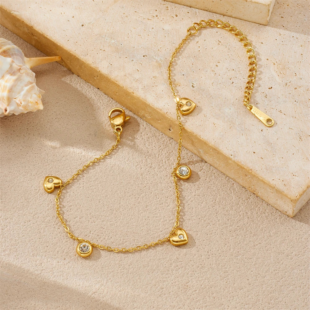 Zircon Gemstone Love Heart Pendant Gold Bracelet - Stainless Steel - Womens