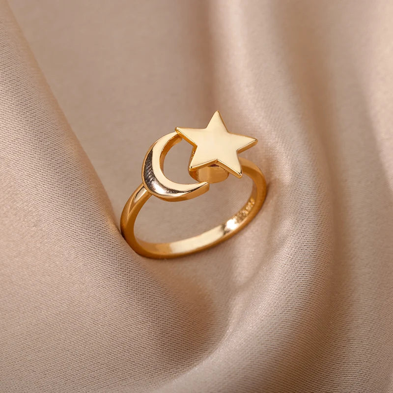 Dainty Star and Moon Gold Adjustable Ring - Womens