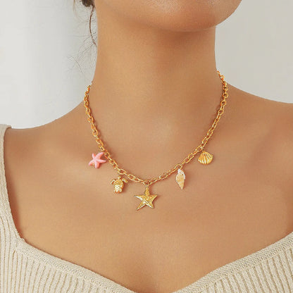 Boho Beach Starfish Conch Seashell Heart Pendant Gold Charm Necklace - Stainless Steel - Womens