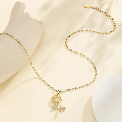 Dainty Flower Rose Gold Pendant Necklace - Womens