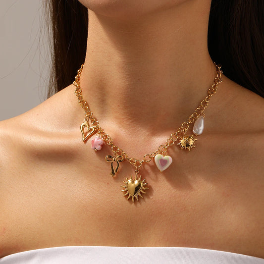 Heart Bow Flower Sun Pendant Gold Charm Necklace - Stainless Steel - Womens