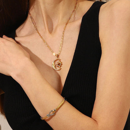 Crescent Moon Star Zircon Gold Pendant Necklace - Womens