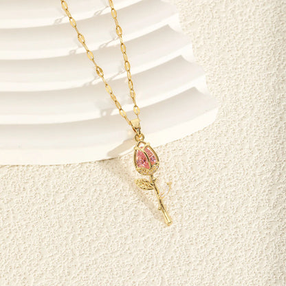 Elegant Zircon Flower Rose Gold Pendant Necklace - Pink & Red - Womens