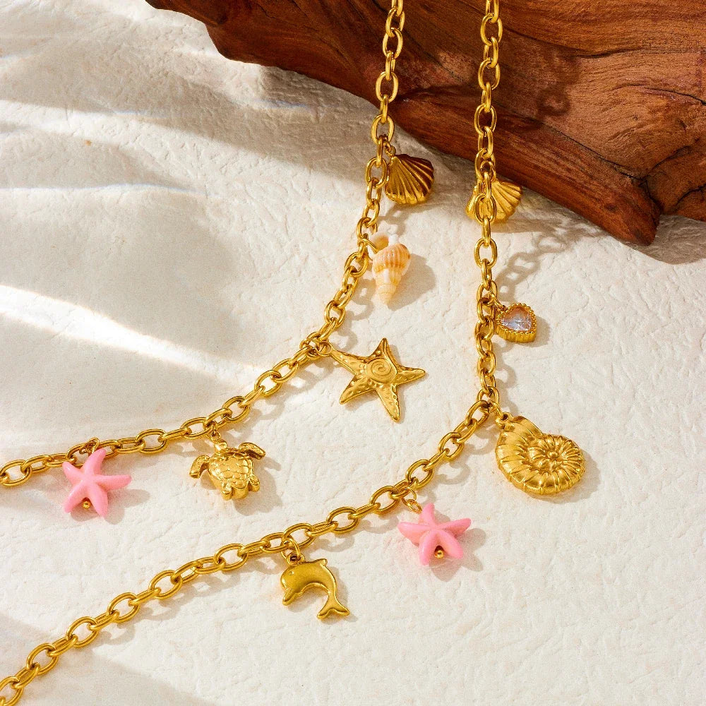 Boho Beach Starfish Conch Seashell Heart Pendant Gold Charm Necklace - Stainless Steel - Womens