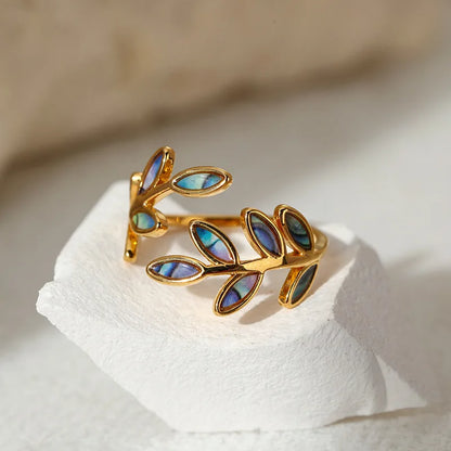 Dainty Vintage Enamel Leaf Open Gold Ring - Adjustable - Stainless Steel - Womens