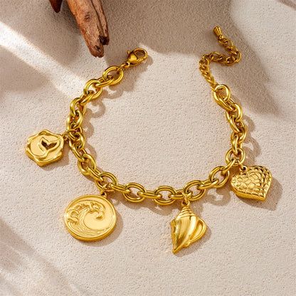 Boho Beach Conch Seashell Heart Pendant Gold Charm Bracelet - Stainless Steel - Womens