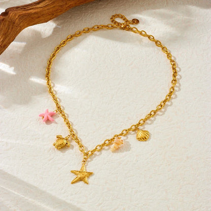 Boho Beach Starfish Conch Seashell Heart Pendant Gold Charm Necklace - Stainless Steel - Womens