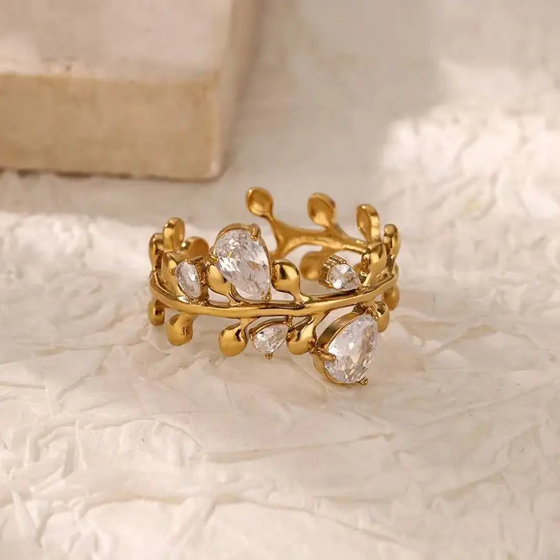 Vintage Zircon Gold Leaf Adjustable Ring - Womens