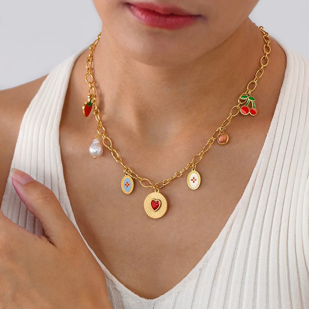 Ruby Strawberry Cherry Pearl Heart Pendant Gold Charm Necklace - Stainless Steel - Womens