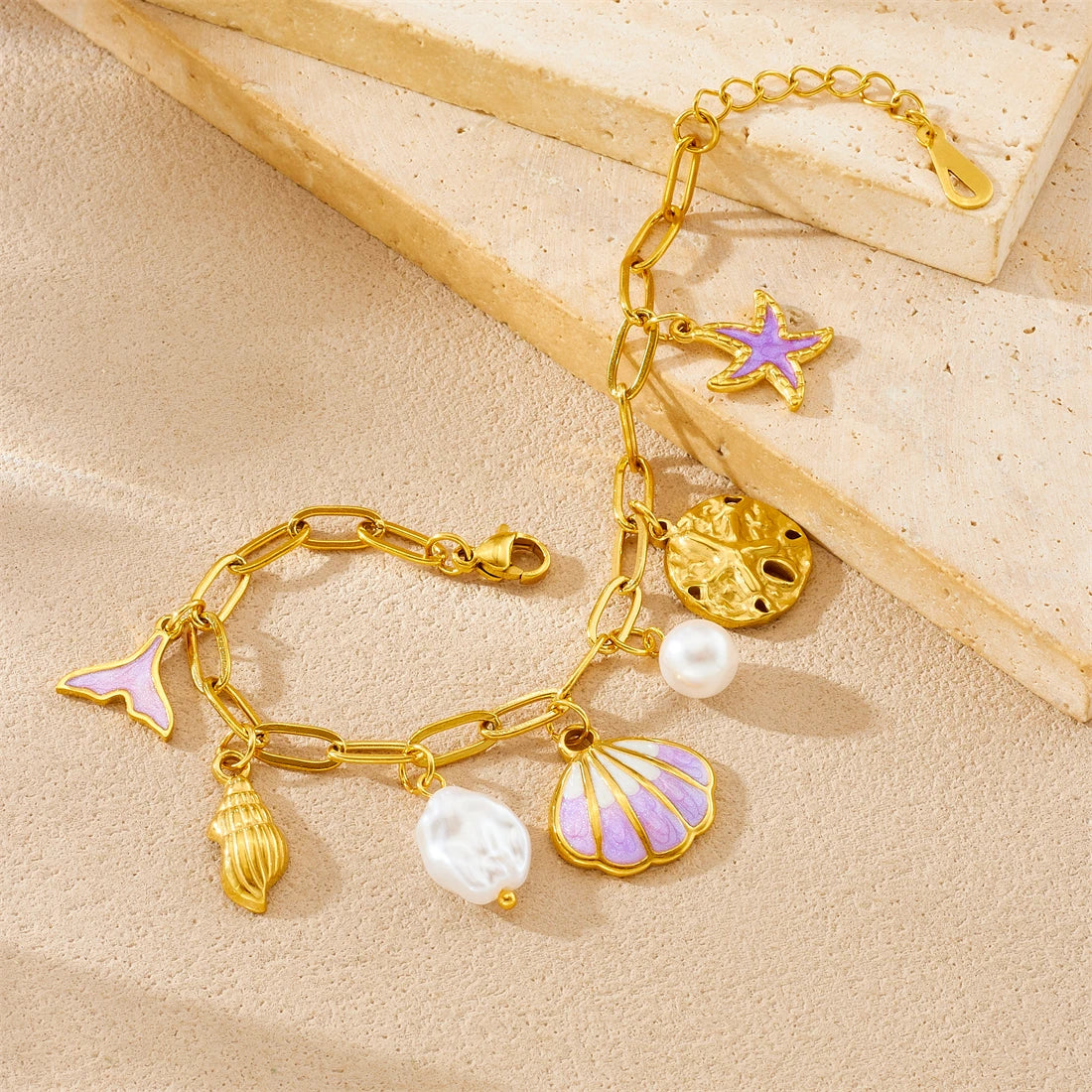 Boho Beach Mermaid Starfish Seashell Pearl Gold Charm Bracelet - Womens