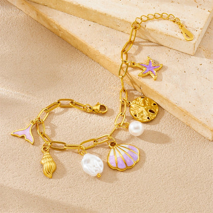 Boho Beach Mermaid Starfish Seashell Pearl Gold Charm Bracelet - Womens