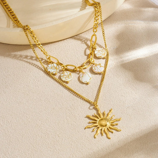 Boho Sun Pendant White Geometric Layered Gold Charm Necklace - Stainless Steel - Womens