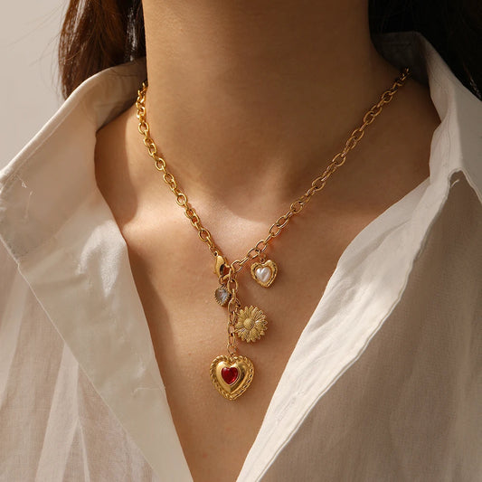 Vintage Zircon Heart Flower Pearl Pendant Gold Charm Necklace - Womens